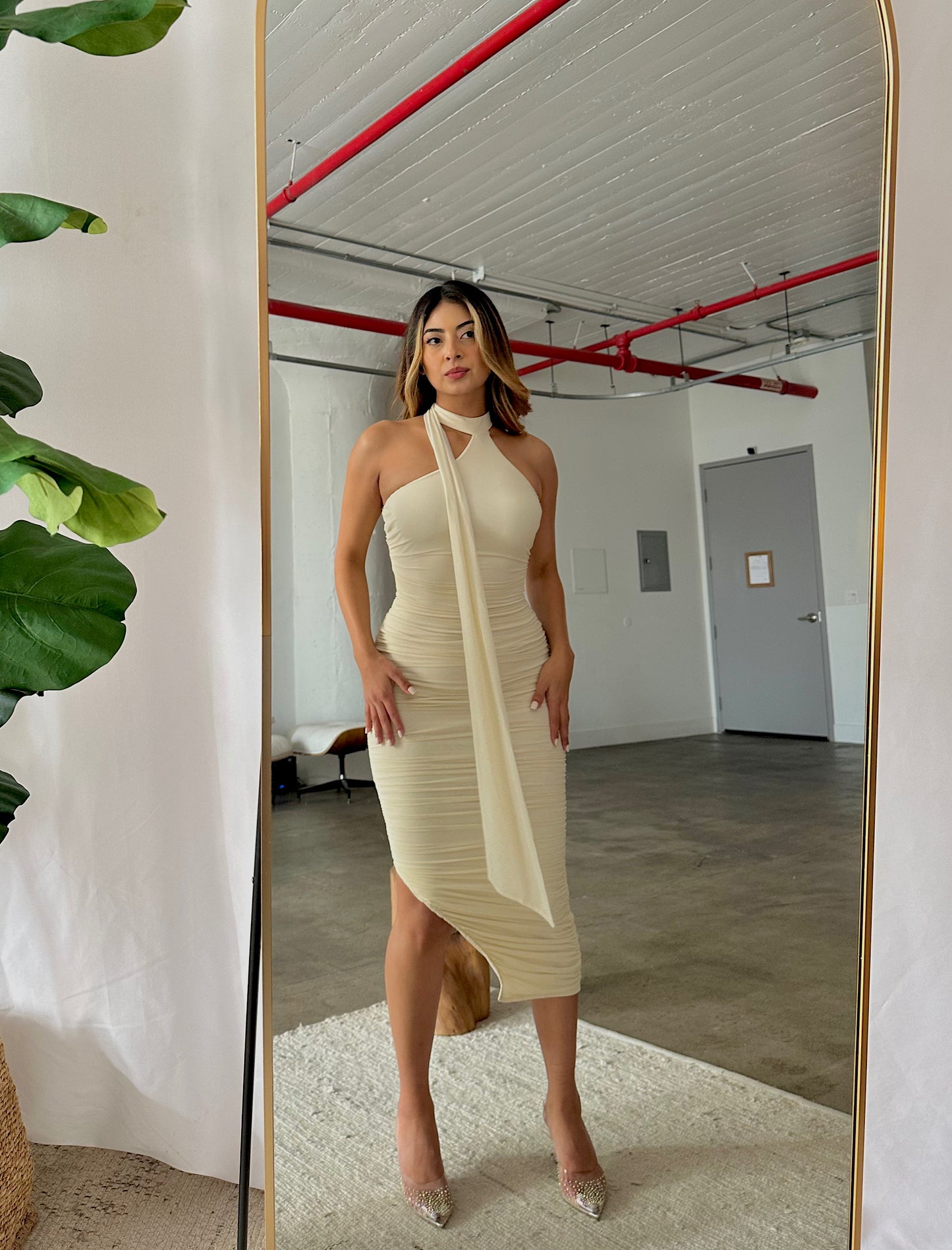 Scarf midi cream dress for birthday graduation and wedding dresses