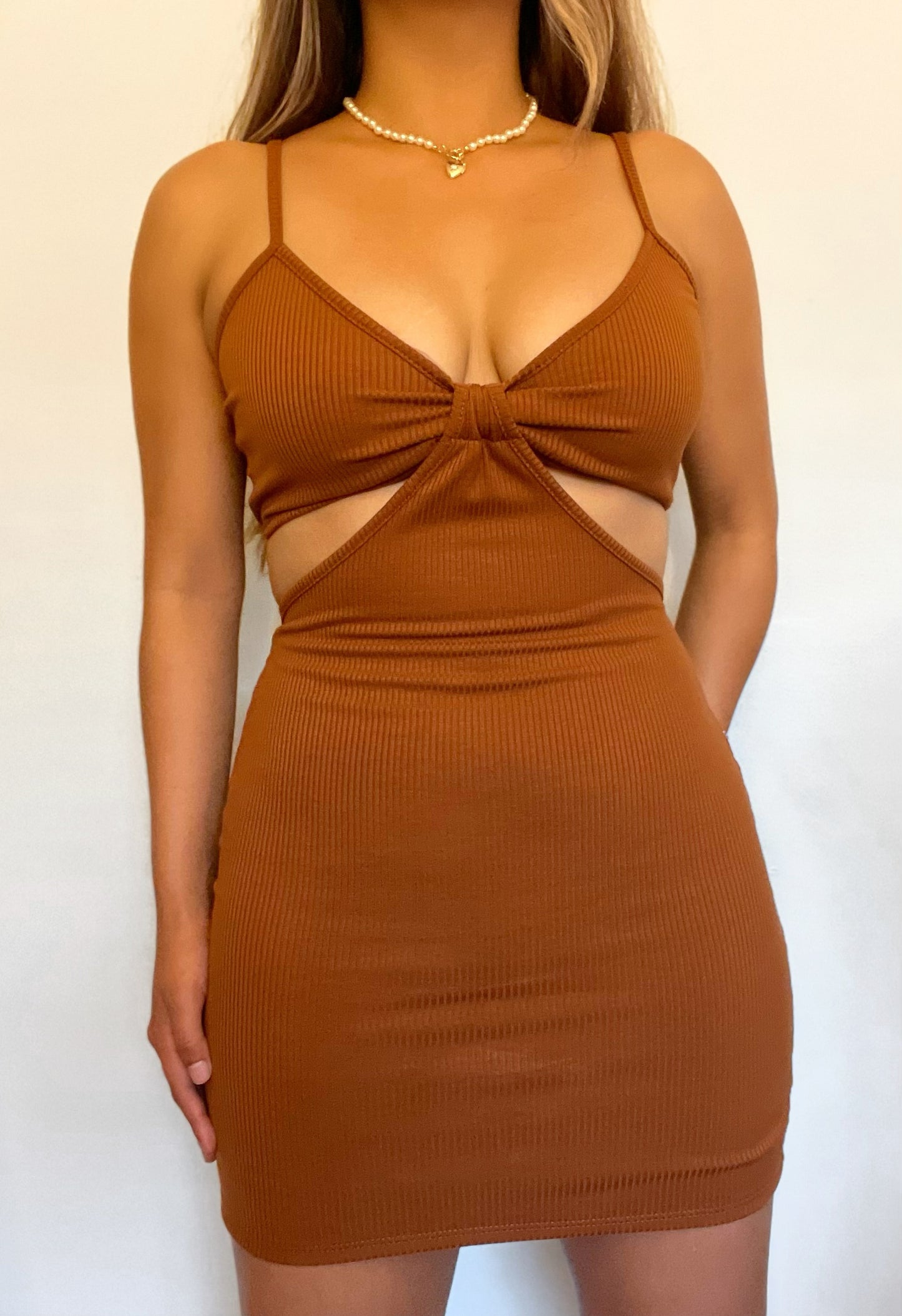Brown cut out bodycon dress.