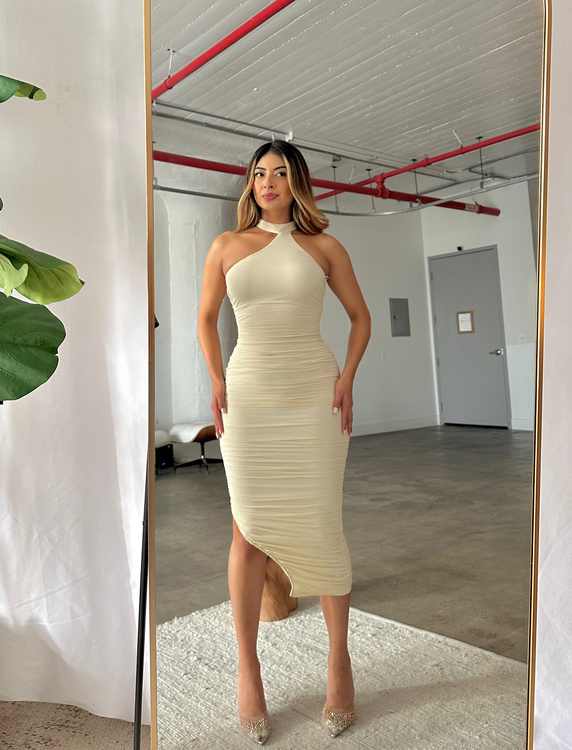 Midi beige bodycon not see through dress with scarf 