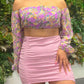 Pink lavendar floral off shoulder top paired with pink bodycon ruched skirt.